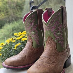 Ariat Brown and Green Boots with Pink Interior